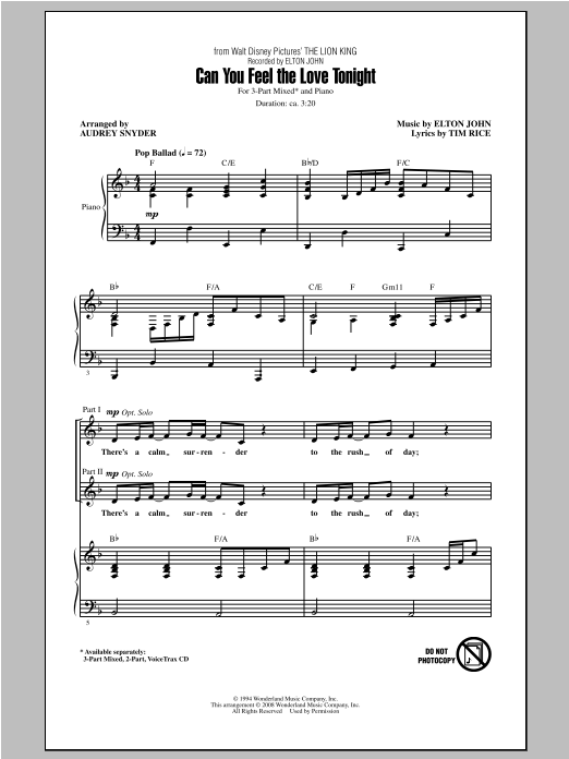 Can You Feel The Love Tonight (from The Lion King) (arr. Audrey Snyder) (3-Part Mixed Choir) von Elton John