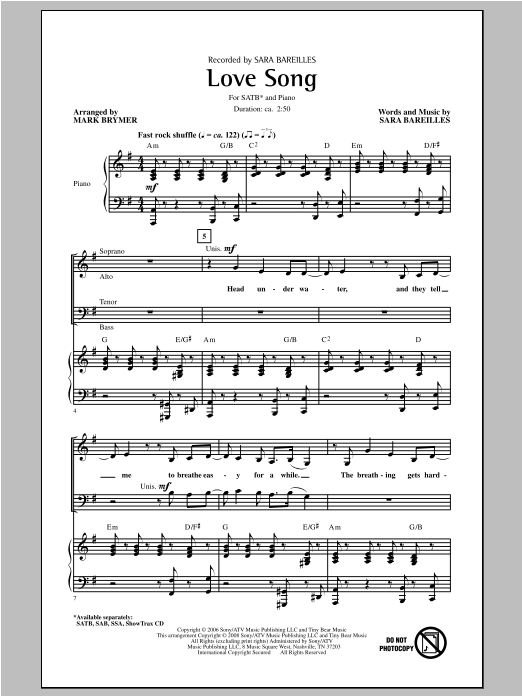 Love Song (arr. Mark Brymer) (SATB Choir) von Sara Bareilles