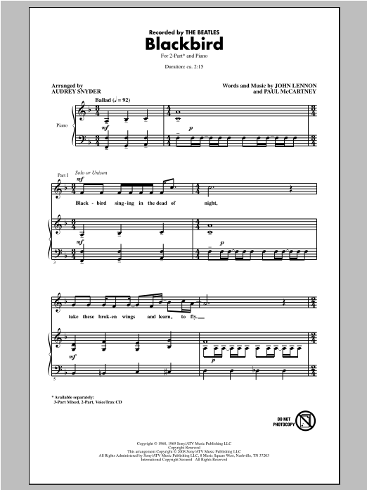 Blackbird (arr. Audrey Snyder) (2-Part Choir) von The Beatles