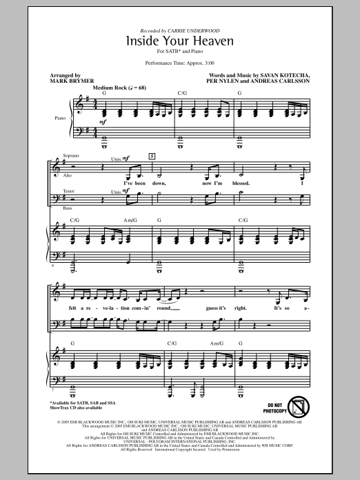Inside Your Heaven (arr. Mark Brymer) (SATB Choir) von Carrie Underwood
