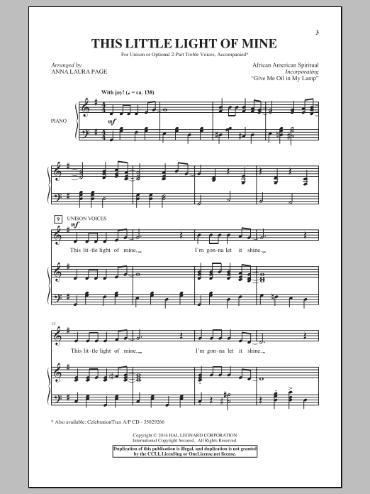 Give Me Oil In My Lamp (arr. Anna Laura Page) (2-Part Choir) von African-American Spiritual