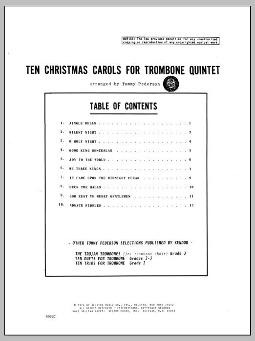 Ten Christmas Carols For Trombone Quintet - 1st Trombone (Brass Ensemble) von Pederson