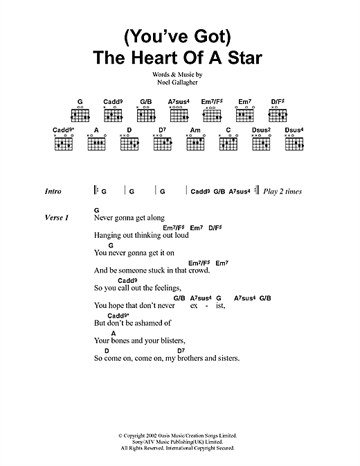 You've Got The Heart Of A Star (Guitar Chords/Lyrics) von Oasis
