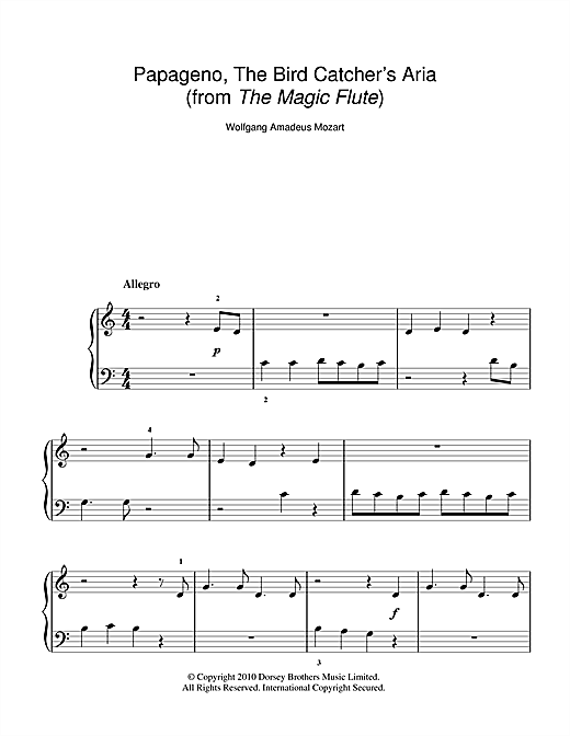 Papageno, The Bird Catcher's Aria (Der Vogelfnger) (from The Magic Flute) (5-Finger Piano) von Wolfgang Amadeus Mozart