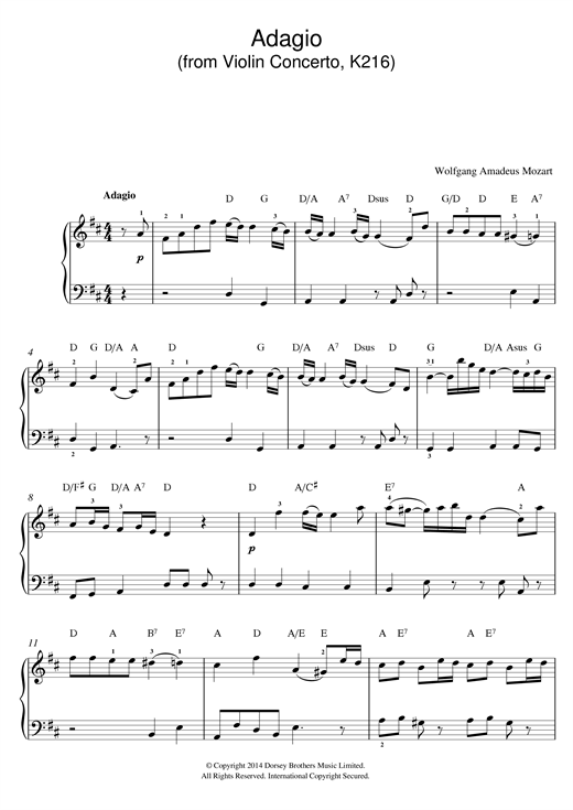 Adagio from Violin Concerto In G, K216 (Beginner Piano) von Wolfgang Amadeus Mozart