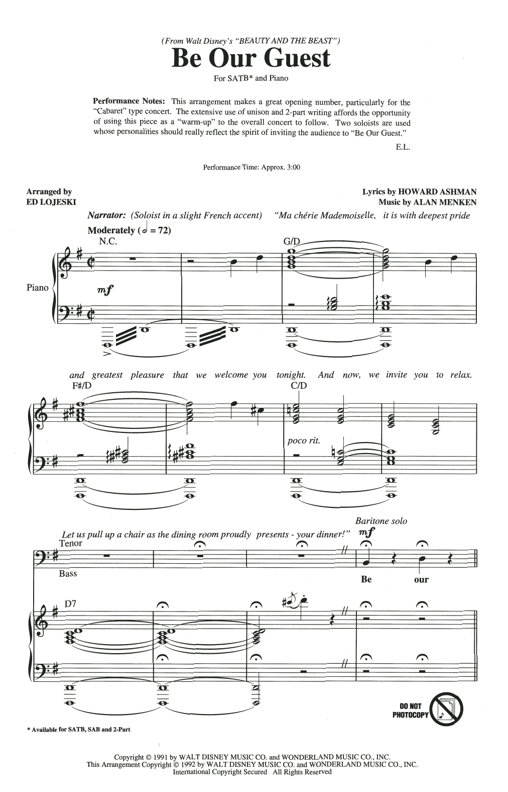 Produktbild zu: Be Our Guest (from Beauty And The Beast) (arr. Ed Lojeski)
