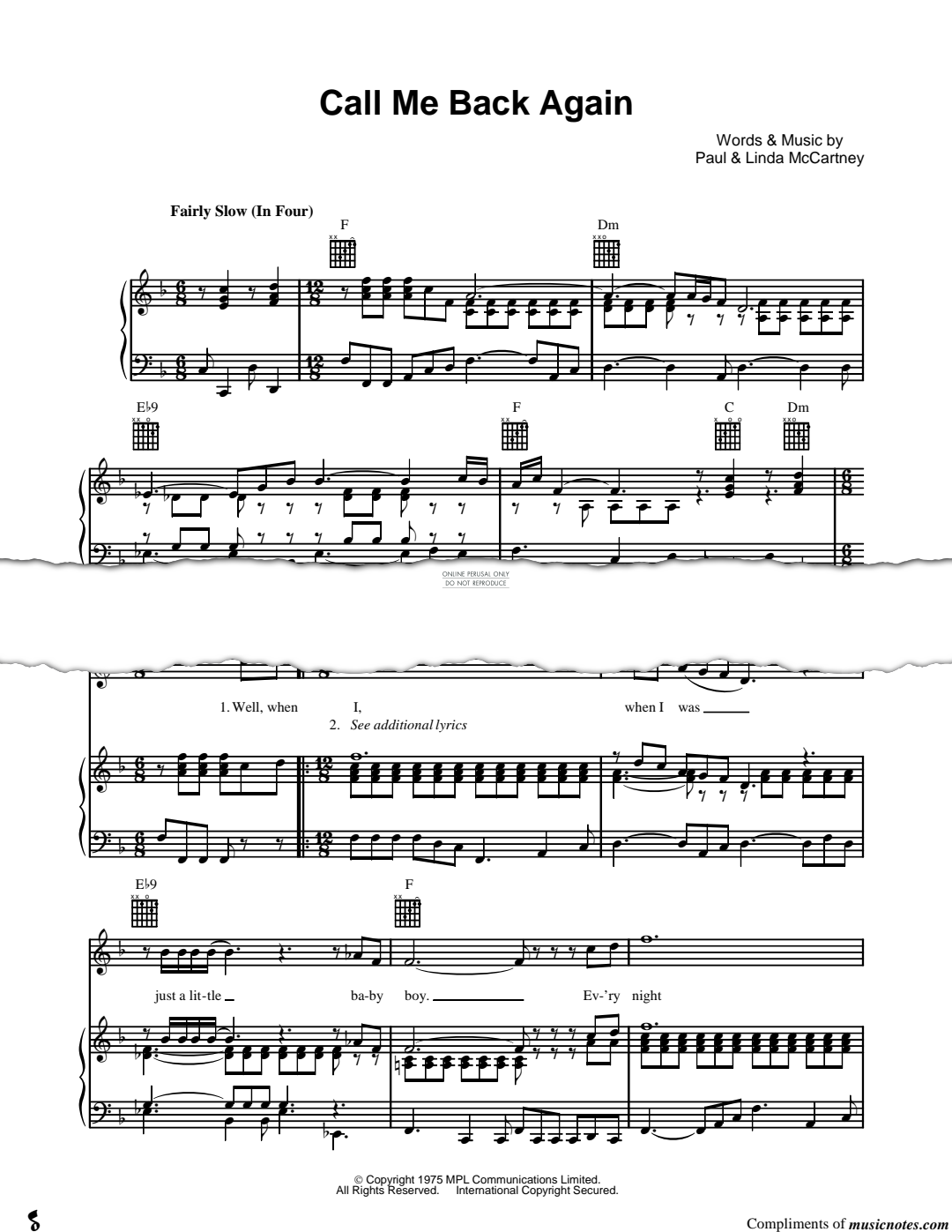 Produktgalerie: Seite 1 von 1 Call Me Back Again, Paul McCartney, Gesang, Klavier, Percussion