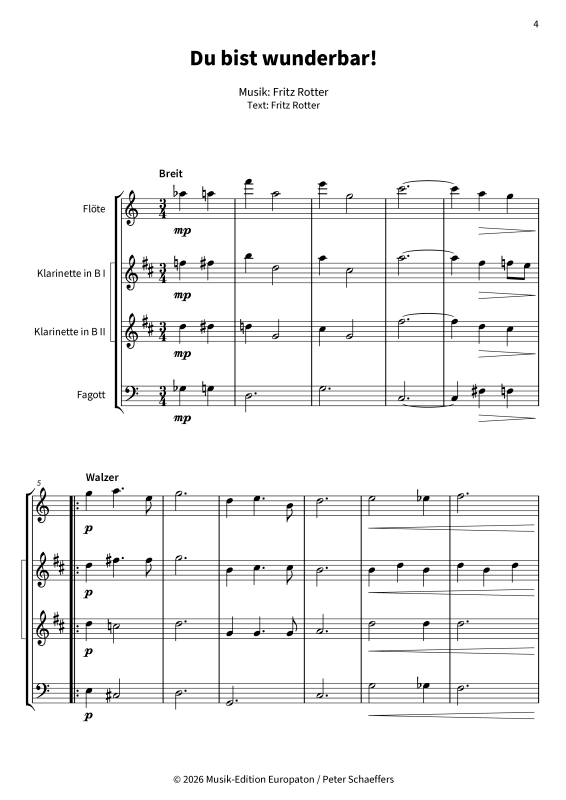 Produktgalerie: Seite 1 von 11 Du bist wunderbar! - Der herzlichste Knef-Song für dein Holzbläserquartett, , Holzbläser Quartett