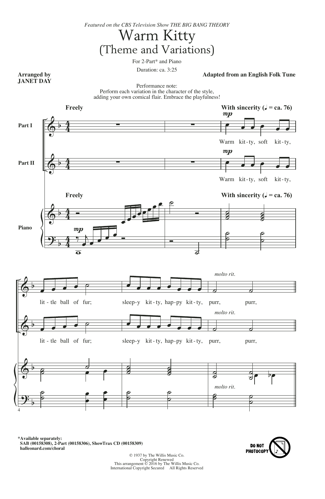 Produktbild zu: Warm Kitty (arr. Janet Day)