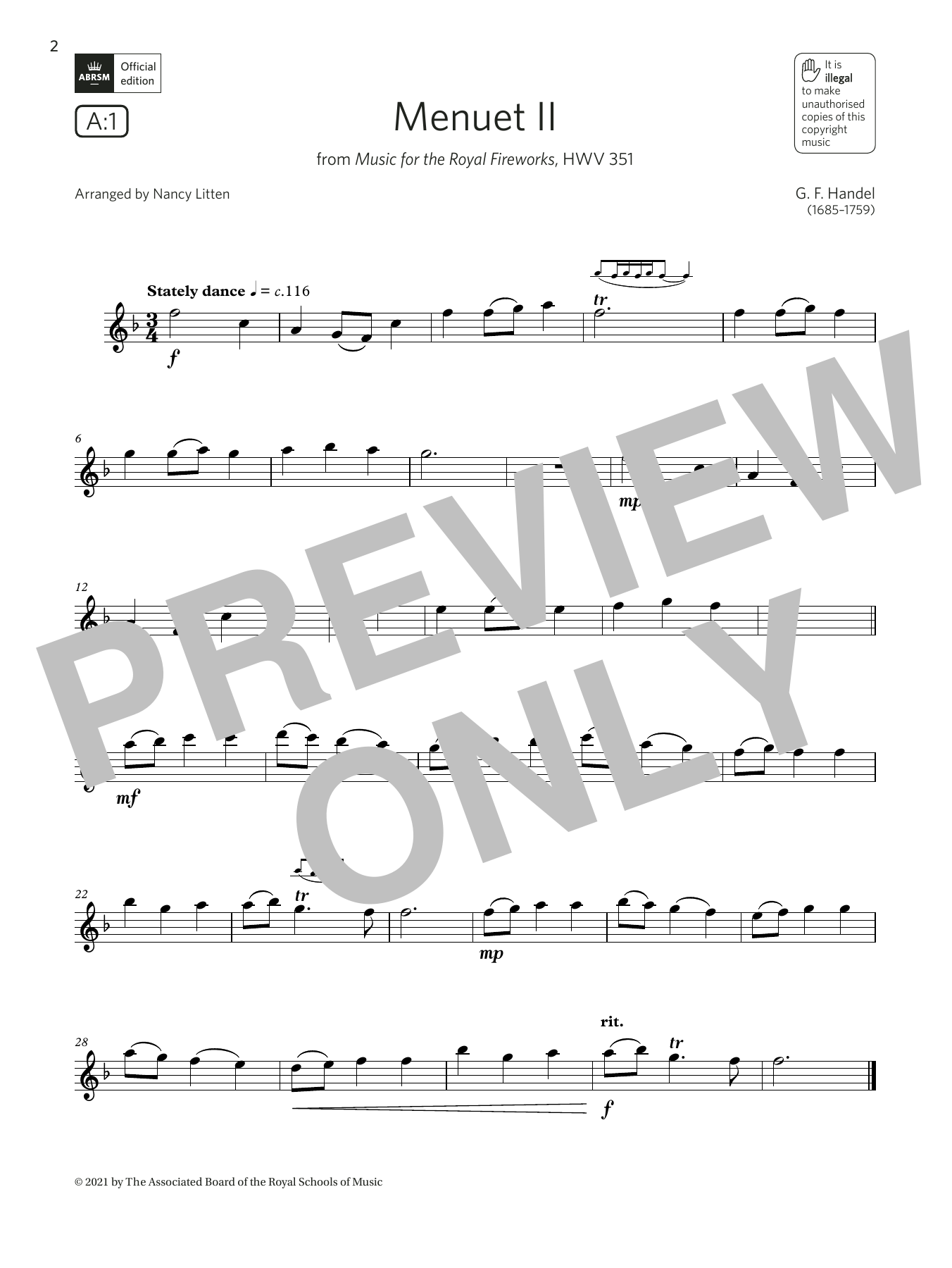Product gallery: Page 1 of 1 Menuet II (Music for the Royal Fireworks) (Grade 2 List A1 from the ABRSM Flute syllabus from 2022), George Frideric Handel