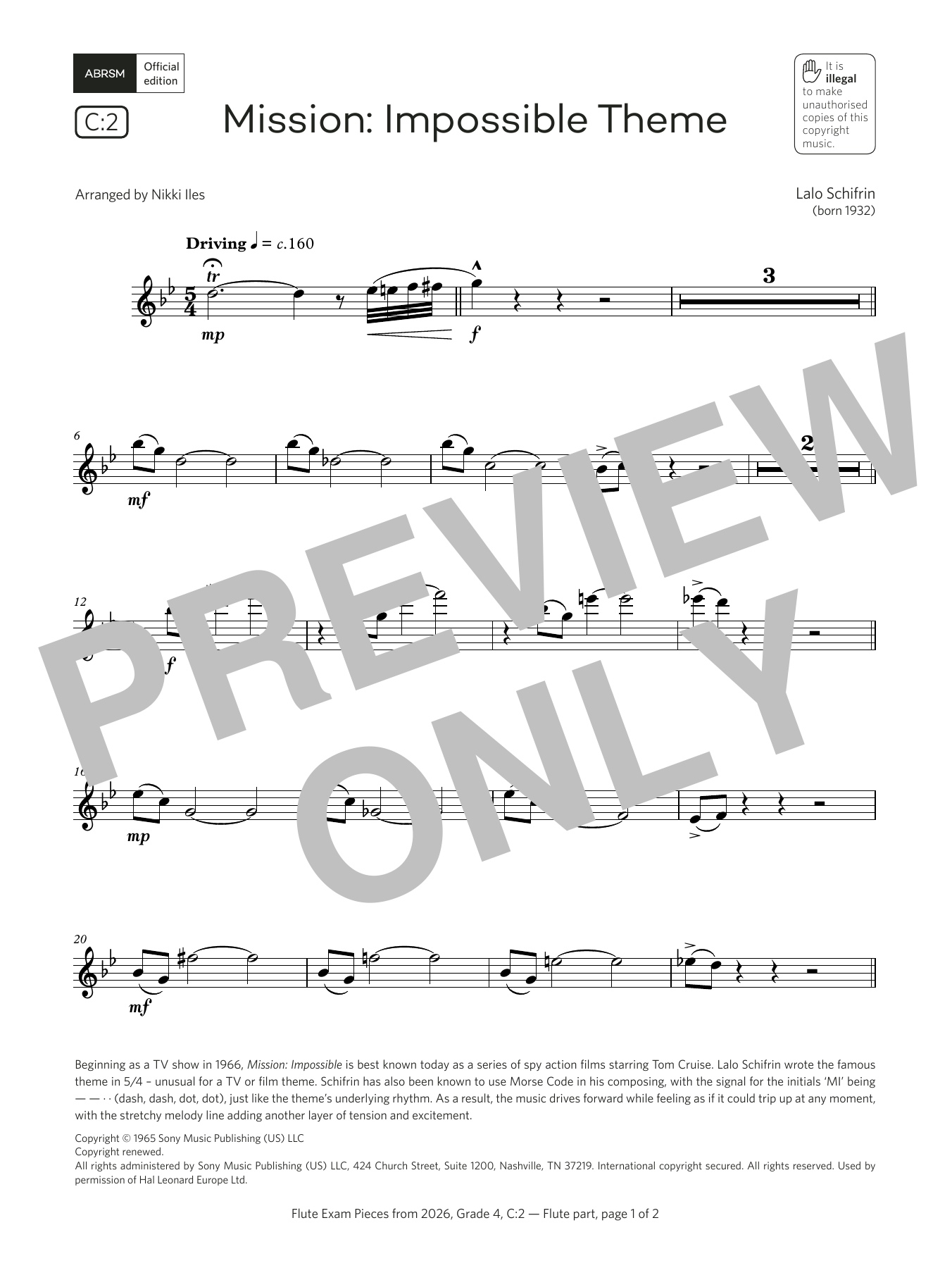 Product gallery: Page 1 of 1 Mission: Impossible Theme (Grade 4, list C2, from the ABRSM Flute Syllabus from 2026), Lalo Schifrin