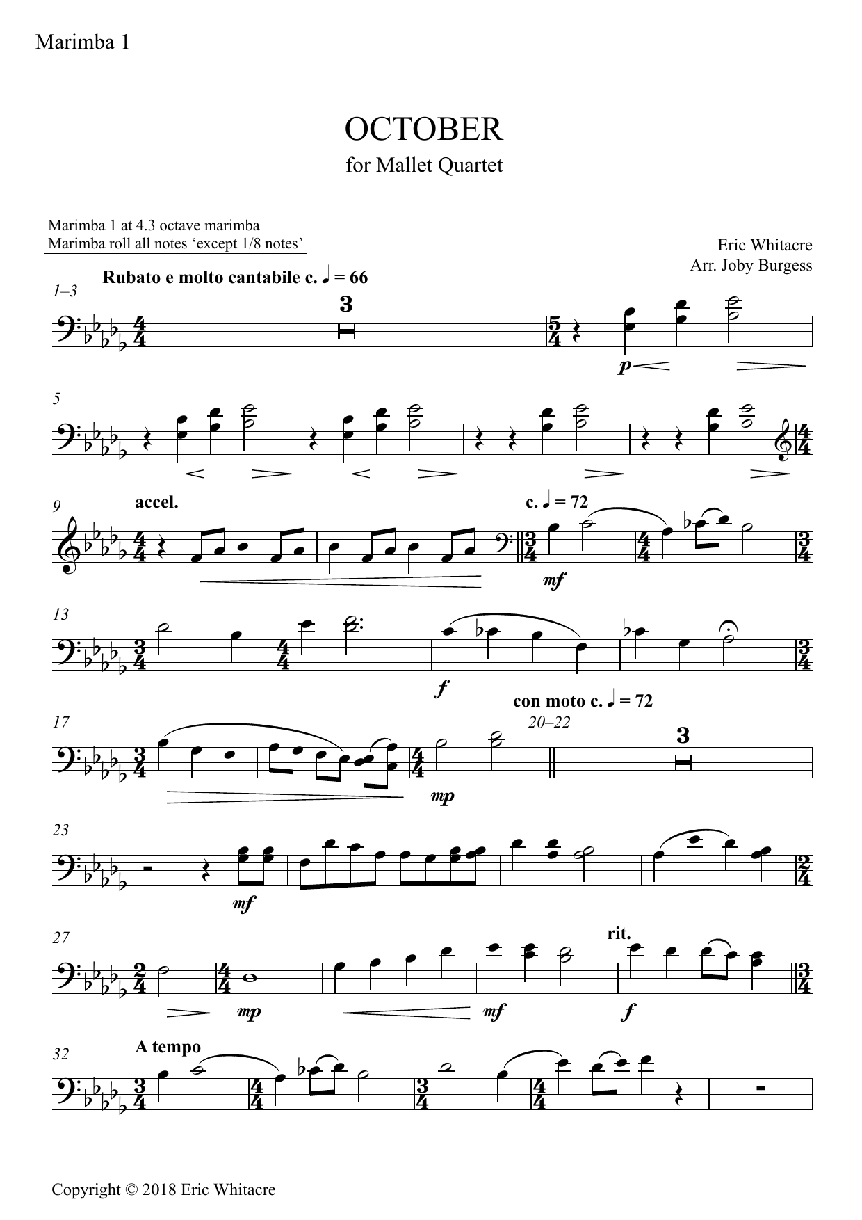 Produktgalerie: Seite 1 von 1 October (Alleluia) for Mallet Quartet (arr. Joby Burgess) - Marimba 1, Eric Whitacre, Percussion
