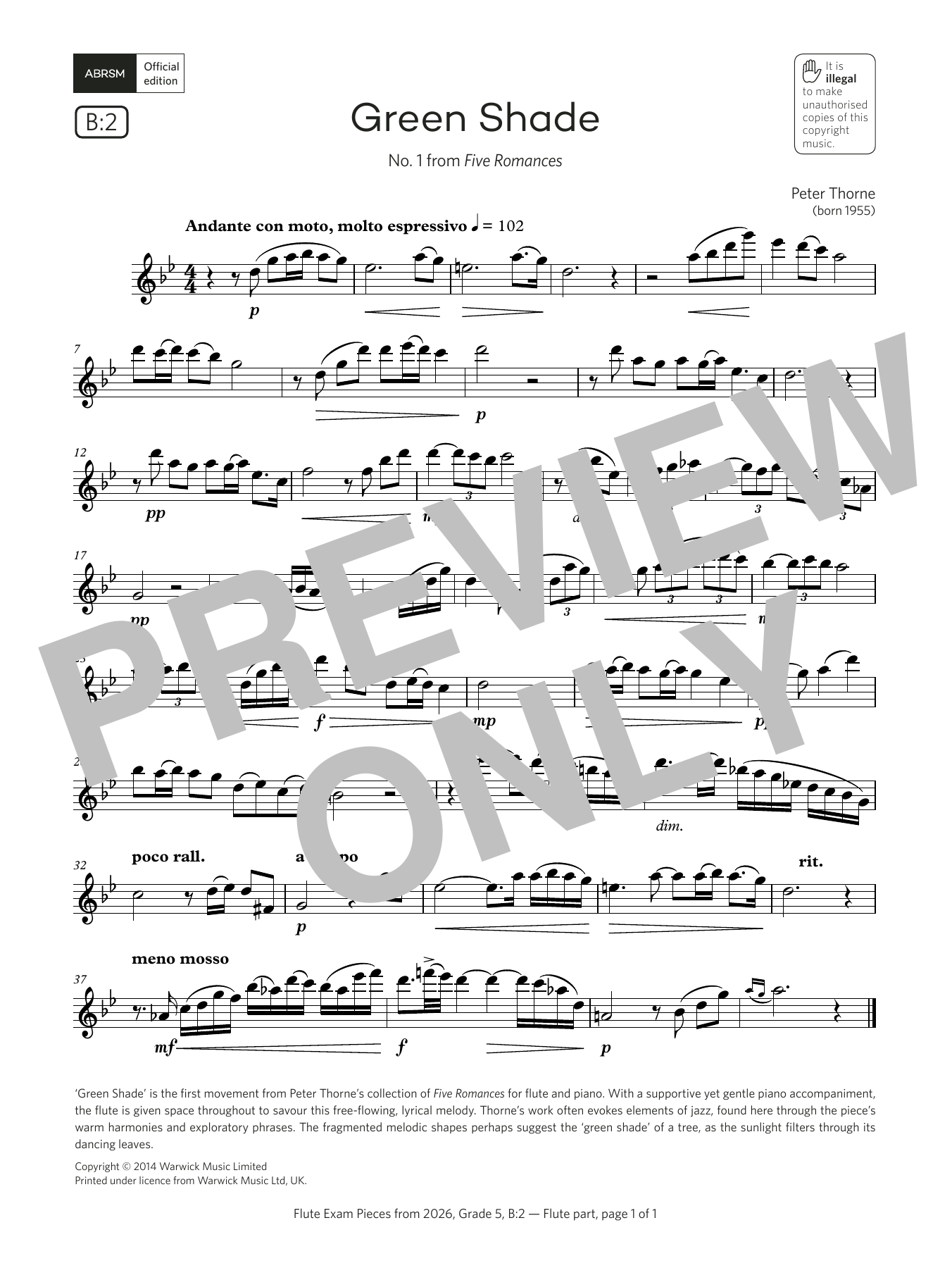 Product gallery: Page 1 of 1 Green Shade (Grade 5, list B2, from the ABRSM Flute Syllabus from 2026), Peter Thorne