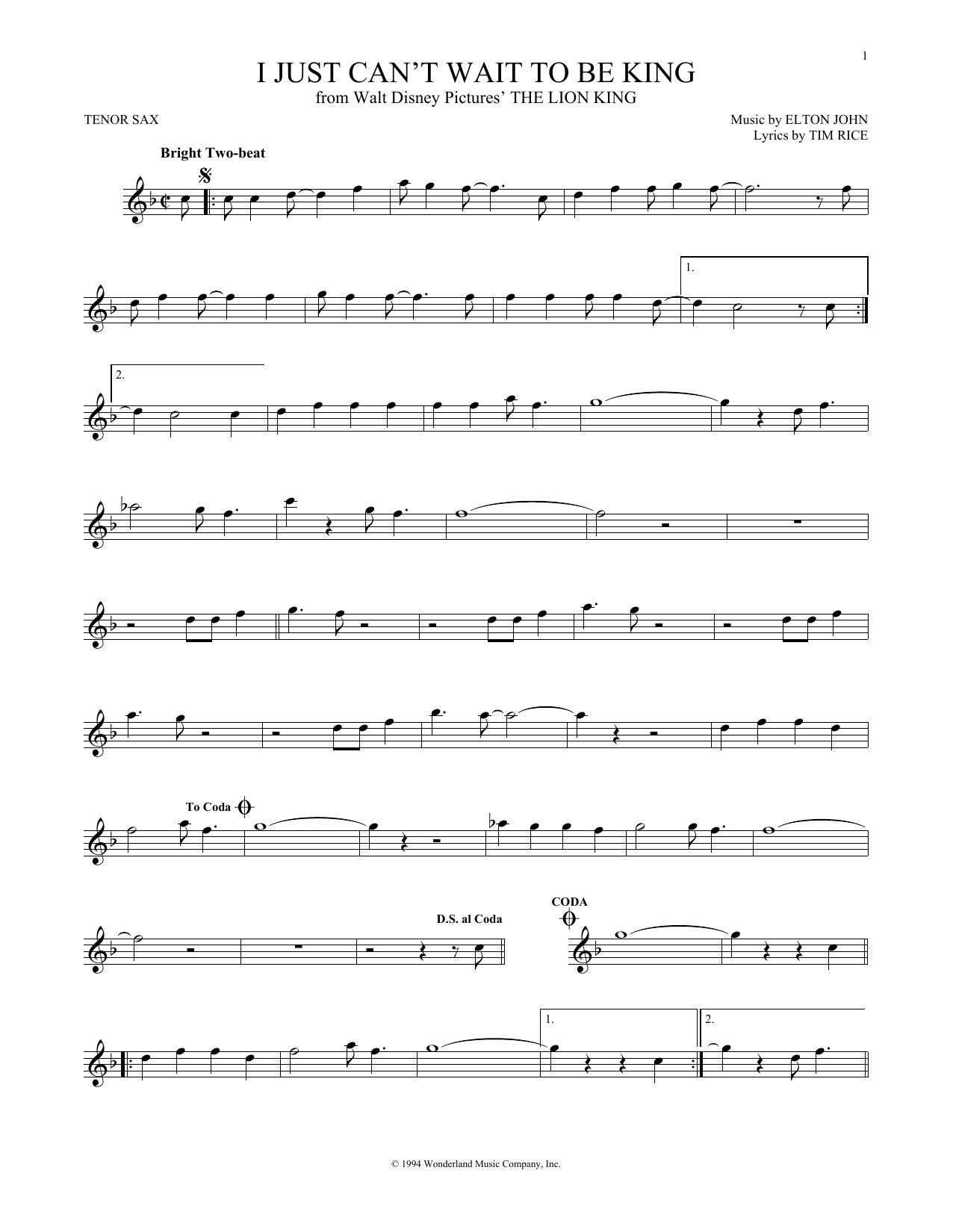 Product gallery: Page 1 of 1 I Just Can't Wait To Be King (from The Lion King), Elton John