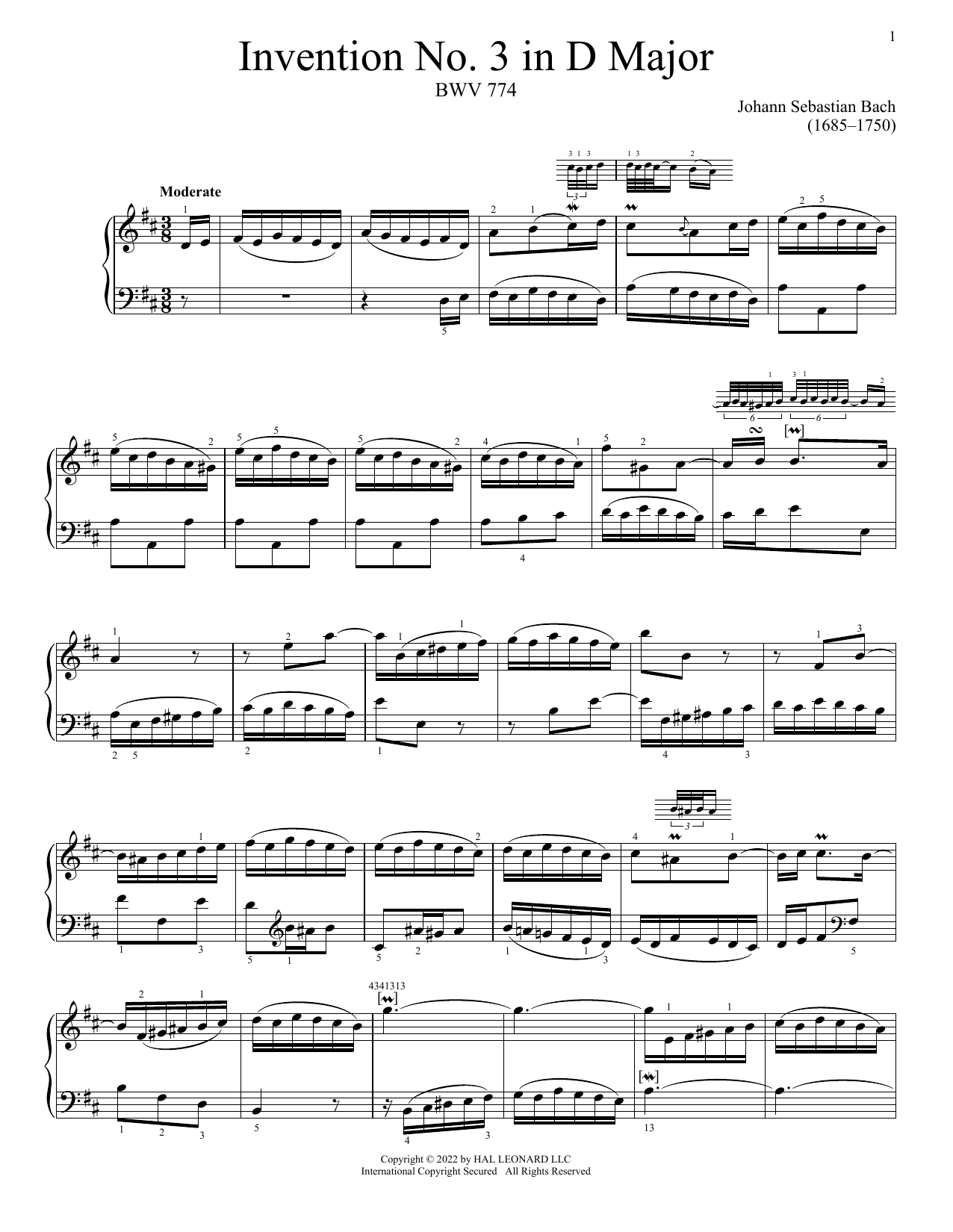 Produktgalerie: Seite 1 von 1 Invention No. 3 In D Major, BWV 774, Johann Sebastian Bach, Klavier