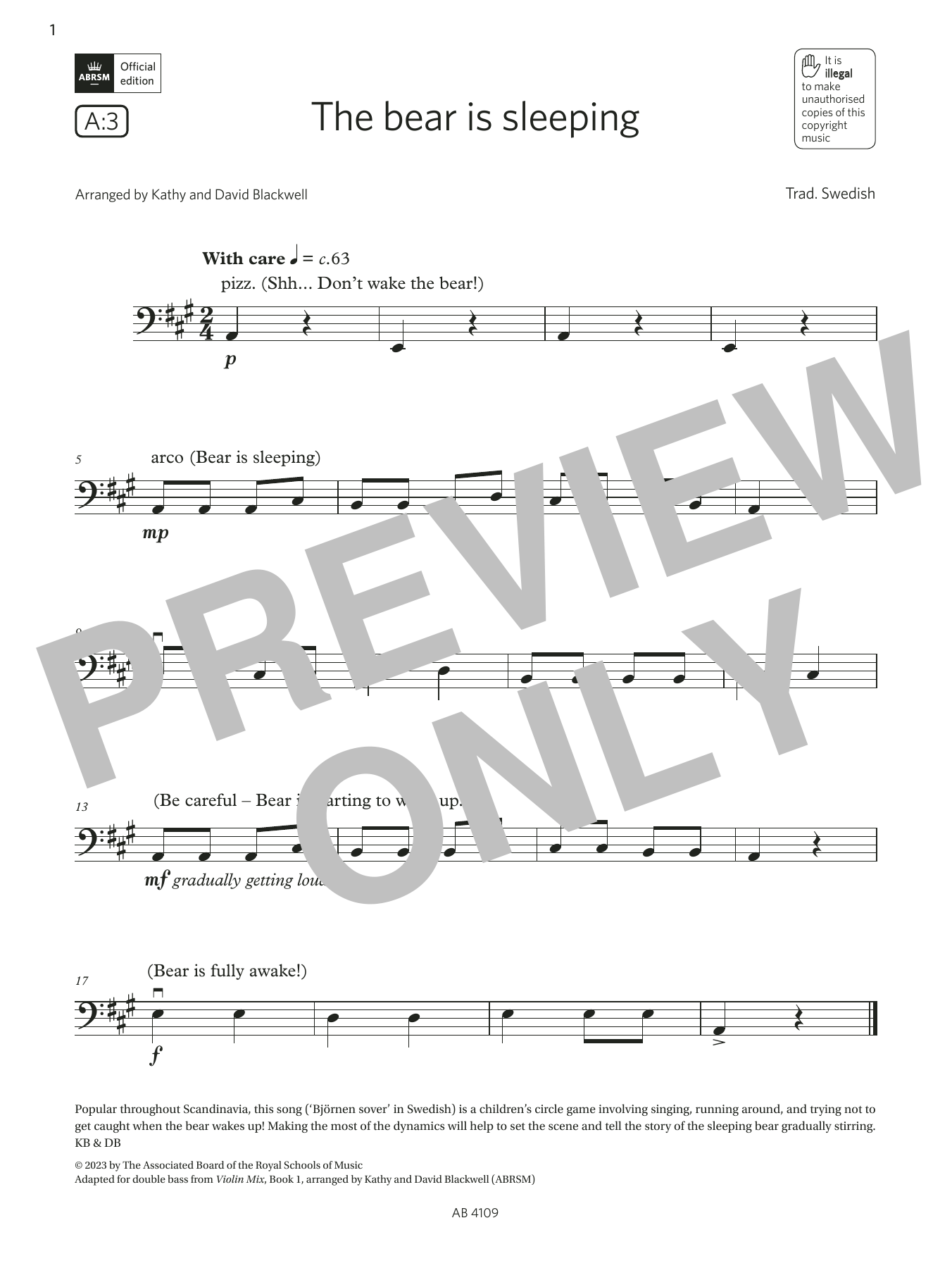 Produktbild zu:  The bear is sleeping (Grade Initial, A3, from the ABRSM Double Bass Syllabus from 2024) - Trad. Swedish
