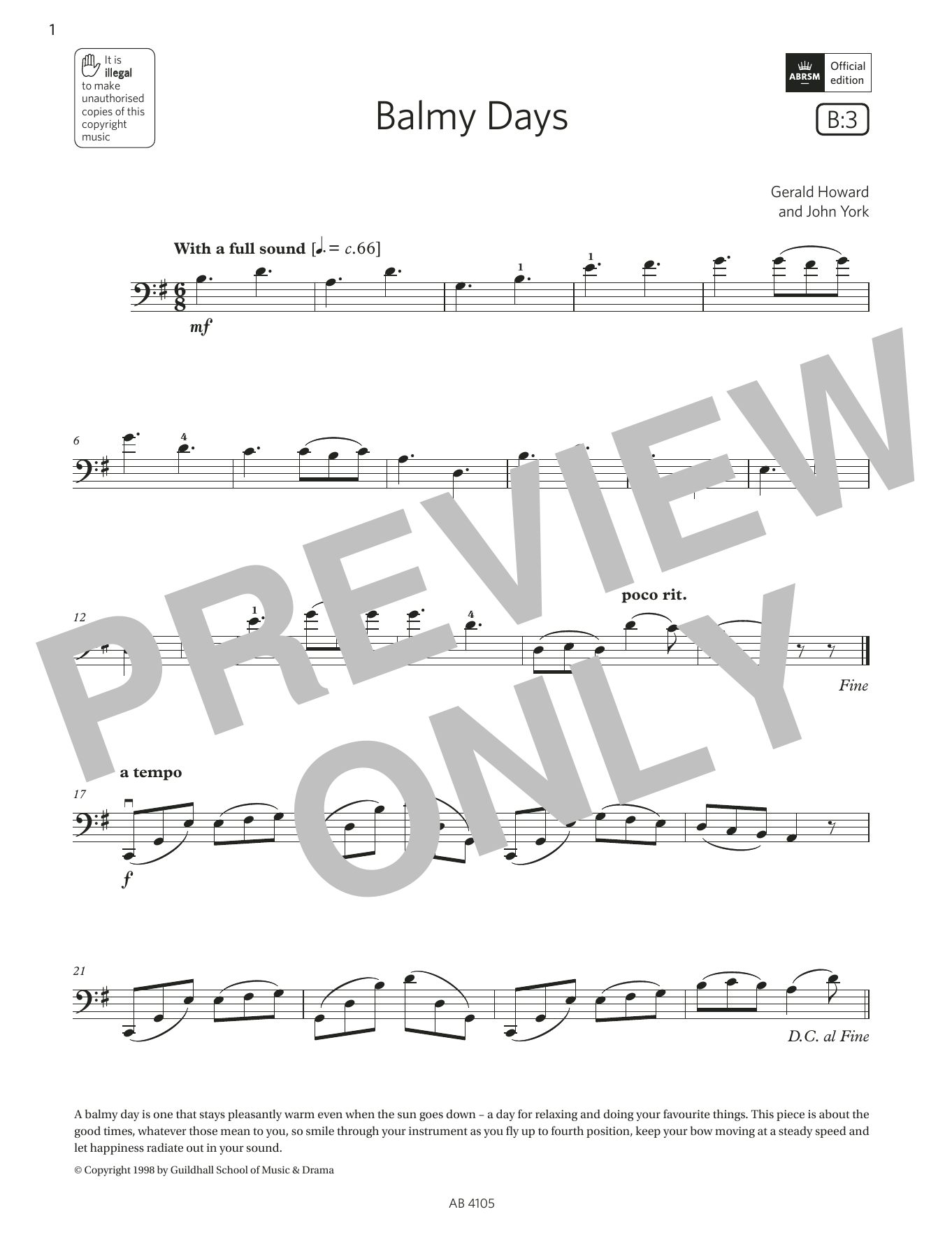 Produktbild zu:  Balmy Days (Grade 2, B3, from the ABRSM Cello Syllabus from 2024) - Gerald Howard & John York