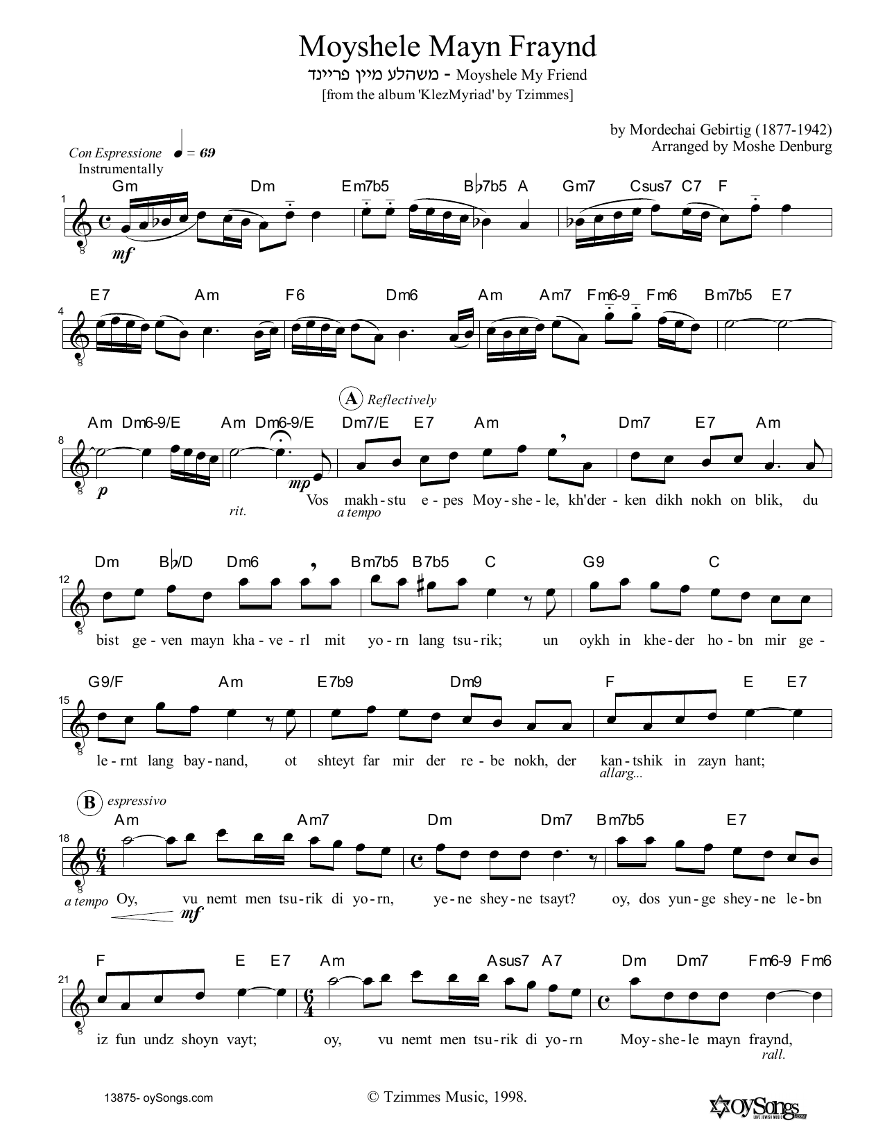 Produktgalerie: Seite 1 von 1 Moyshele Mayn Fraynd, Moshe Denburg, Melodieinstrument