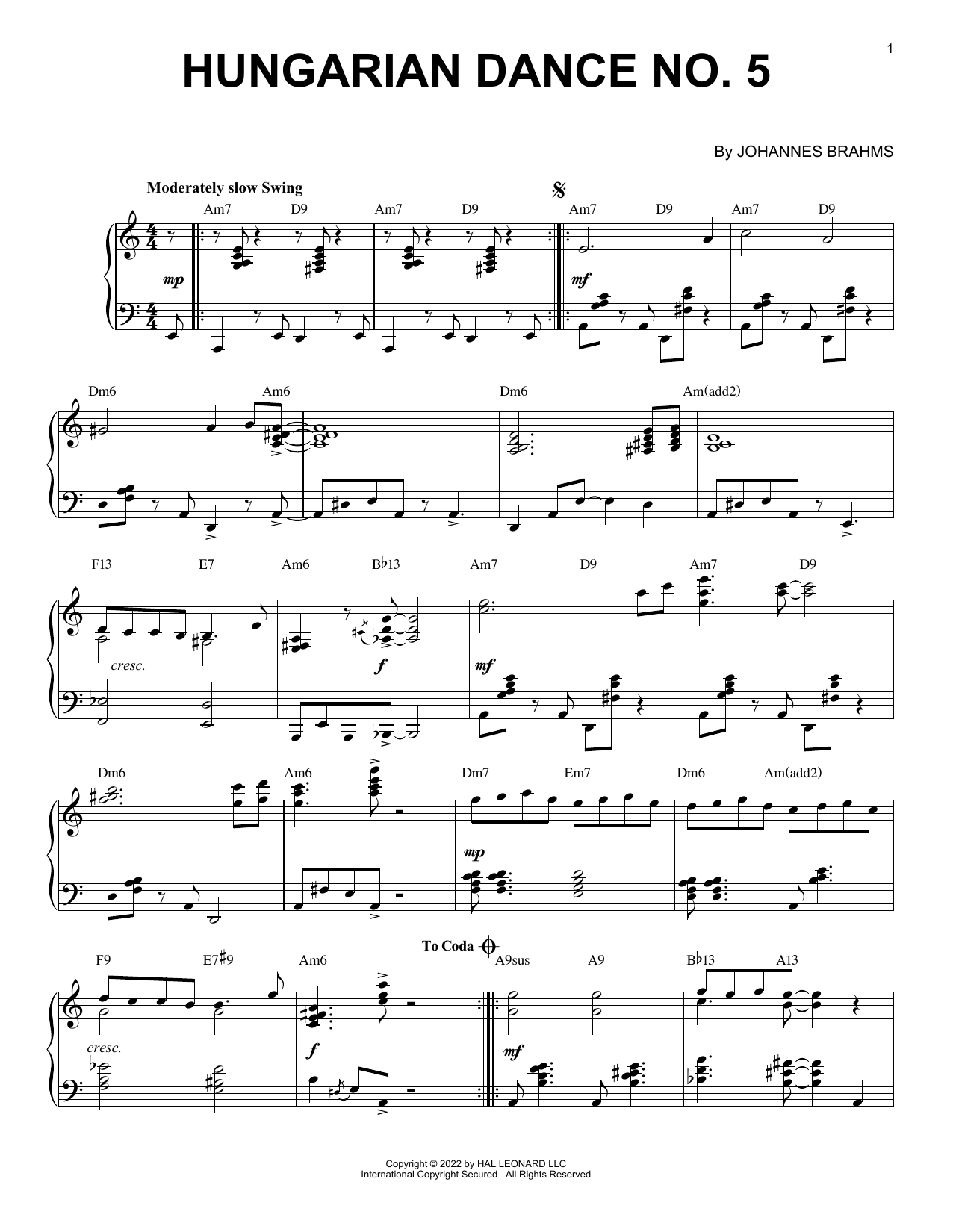 Produktgalerie: Seite 1 von 1 Hungarian Dance No. 5 [Jazz version] (arr. Brent Edstrom), Johannes Brahms, Klavier