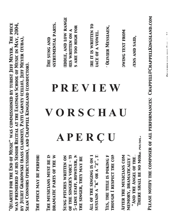Produktgalerie: Seite 4 von 21 Quartet for the End of Music , , (Gemischtes Ensemble für Bass Klarinette, Violoncello, Tuba + Percussion)
