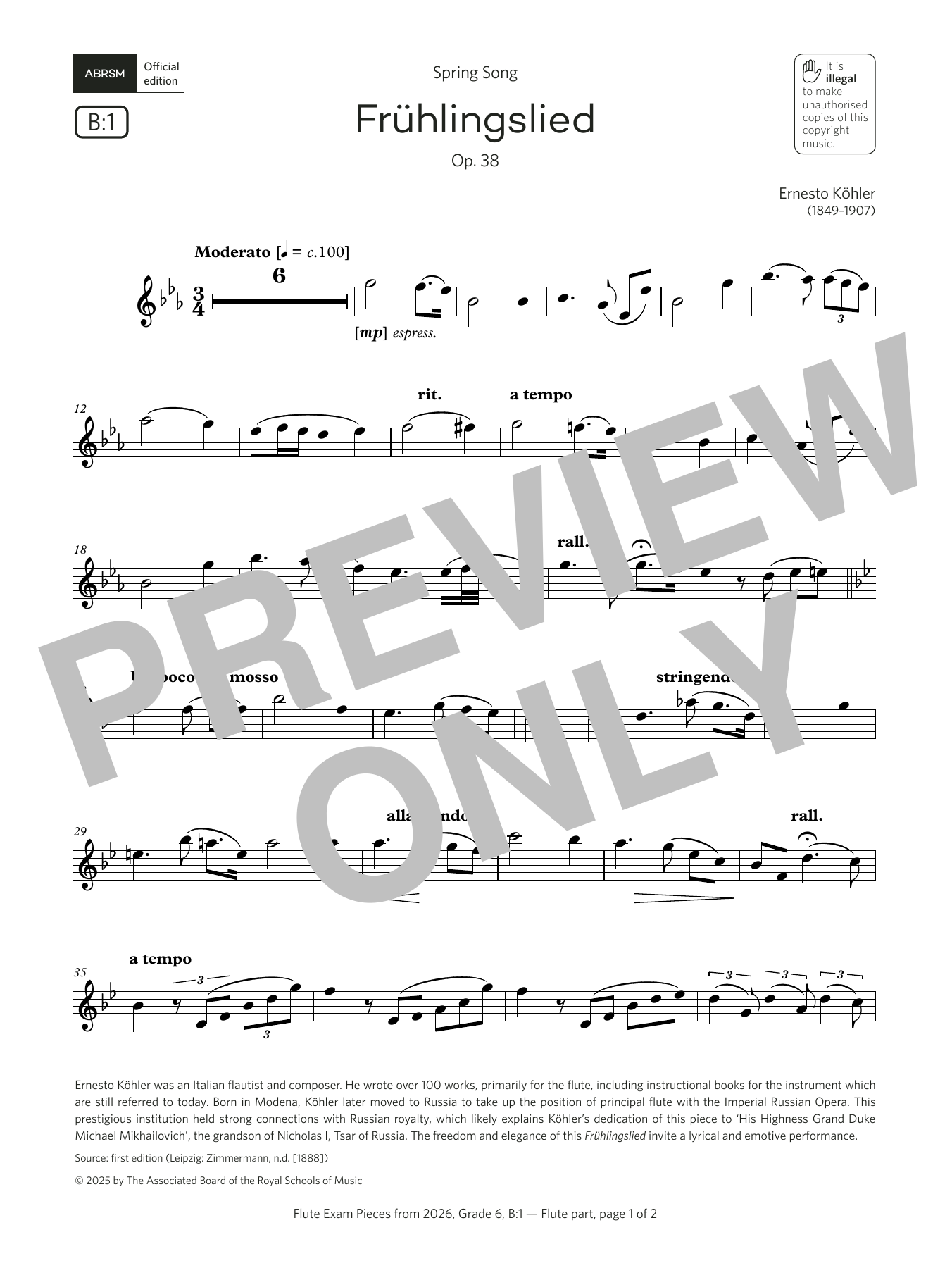 Product gallery: Page 1 of 1 Frühlingslied (Grade 6, list B1, from the ABRSM Flute Syllabus from 2026), Ernesto Köhler