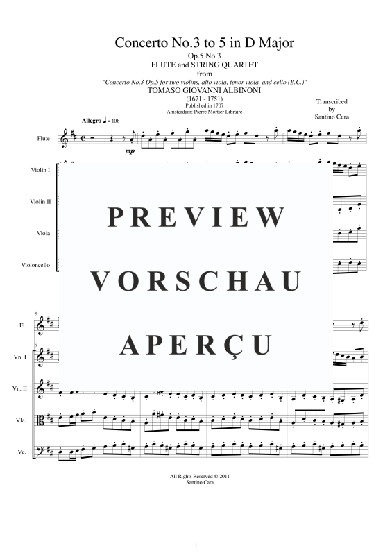 Produktgalerie: Seite 2 von 11 Concerto No.3 to 5 in D-Dur Op.5, , Querflöte Solo und Streicher Ensemble