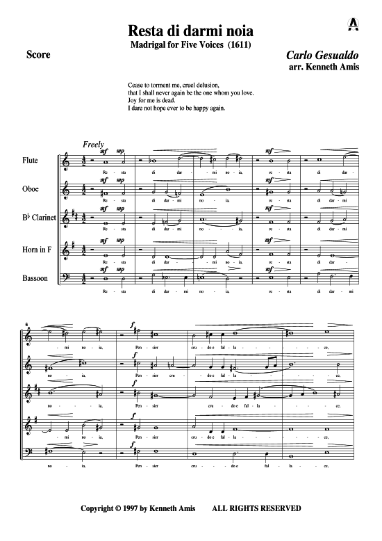 Produktbild zu: Resta di darmi noia Carlo Gesualdo (Madrigale 1611)