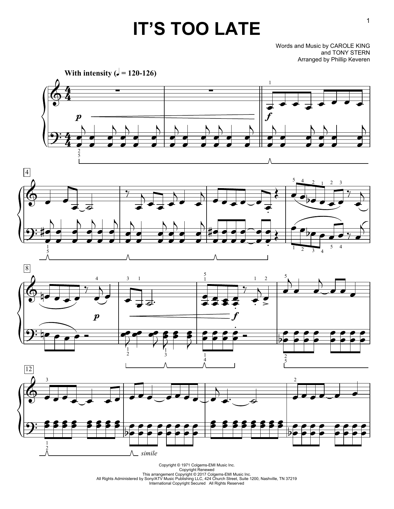 Product picture to: It's Too Late [Classical version] (arr. Phillip Keveren)