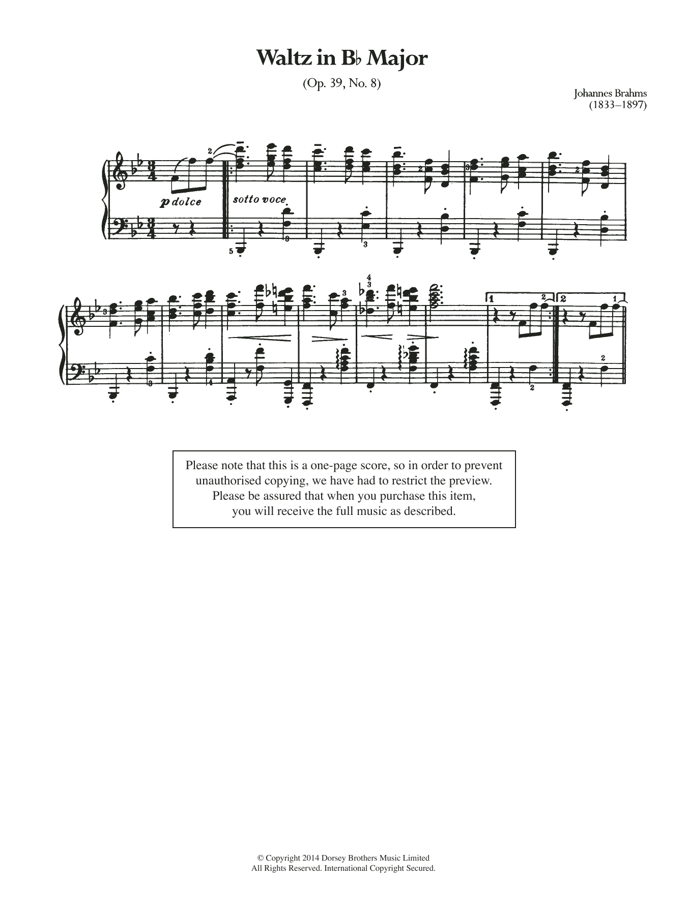 Produktgalerie: Seite 1 von 1 Waltz In B Flat, Op.39 No.8, Johannes Brahms, Klavier