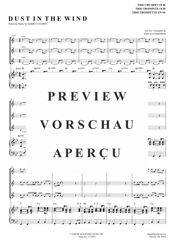 Produktgalerie: Seite 2 von 11 Dust In The Wind, Kansas, (Trompeten Trio + Klavier)