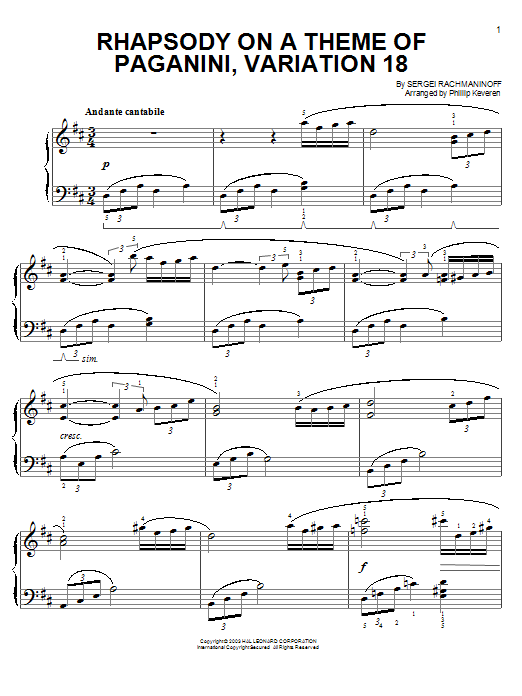 Product picture to: Rhapsody On A Theme Of Paganini, Variation XVIII (from Somewhere in Time) (arr. Phillip Keveren)