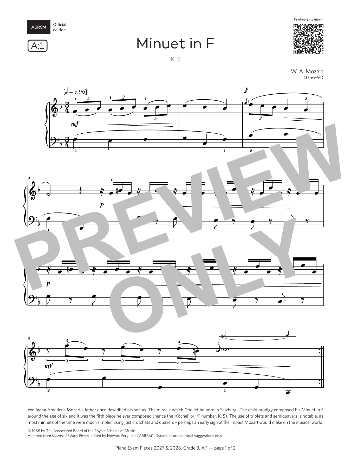 Product picture to: Minuet in F (Grade 3, list A1, from the ABRSM Piano Syllabus 2027 & 2028)