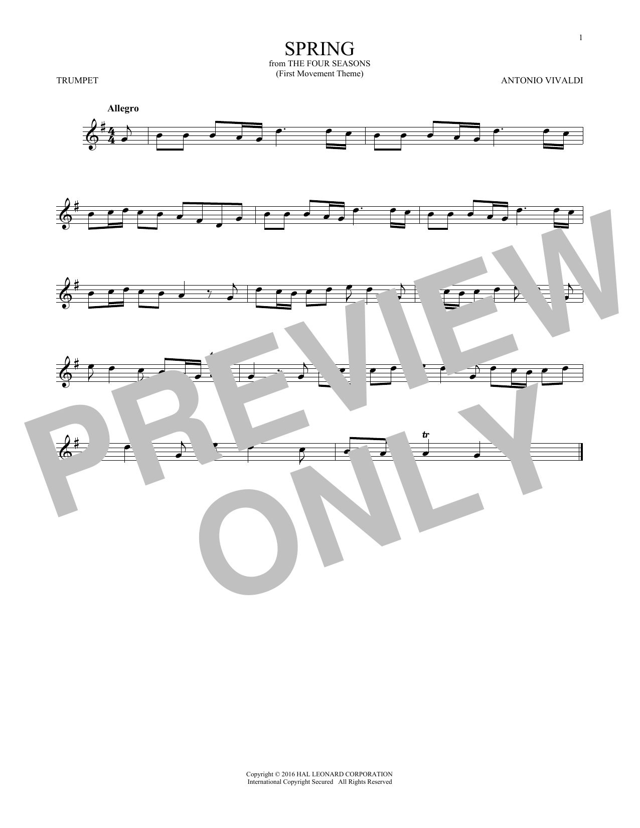 Produktgalerie: Seite 1 von 1 Allegro I, RV 269 ("Spring") (First Movement Theme), Antonio Vivaldi, Trompete