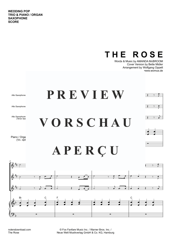 Product gallery: Page 4 of 11 The Rose, Midler, Bette, Trio For 3 Saxophones (A, A, A) and Piano Or Organ, With Optional Cello - Single Version