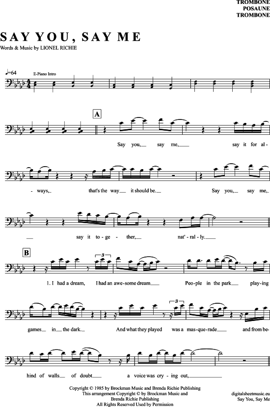 Product gallery: Page 1 of 4 Say You, Say Me , Richie, Lionel, (Posaune / Bariton)