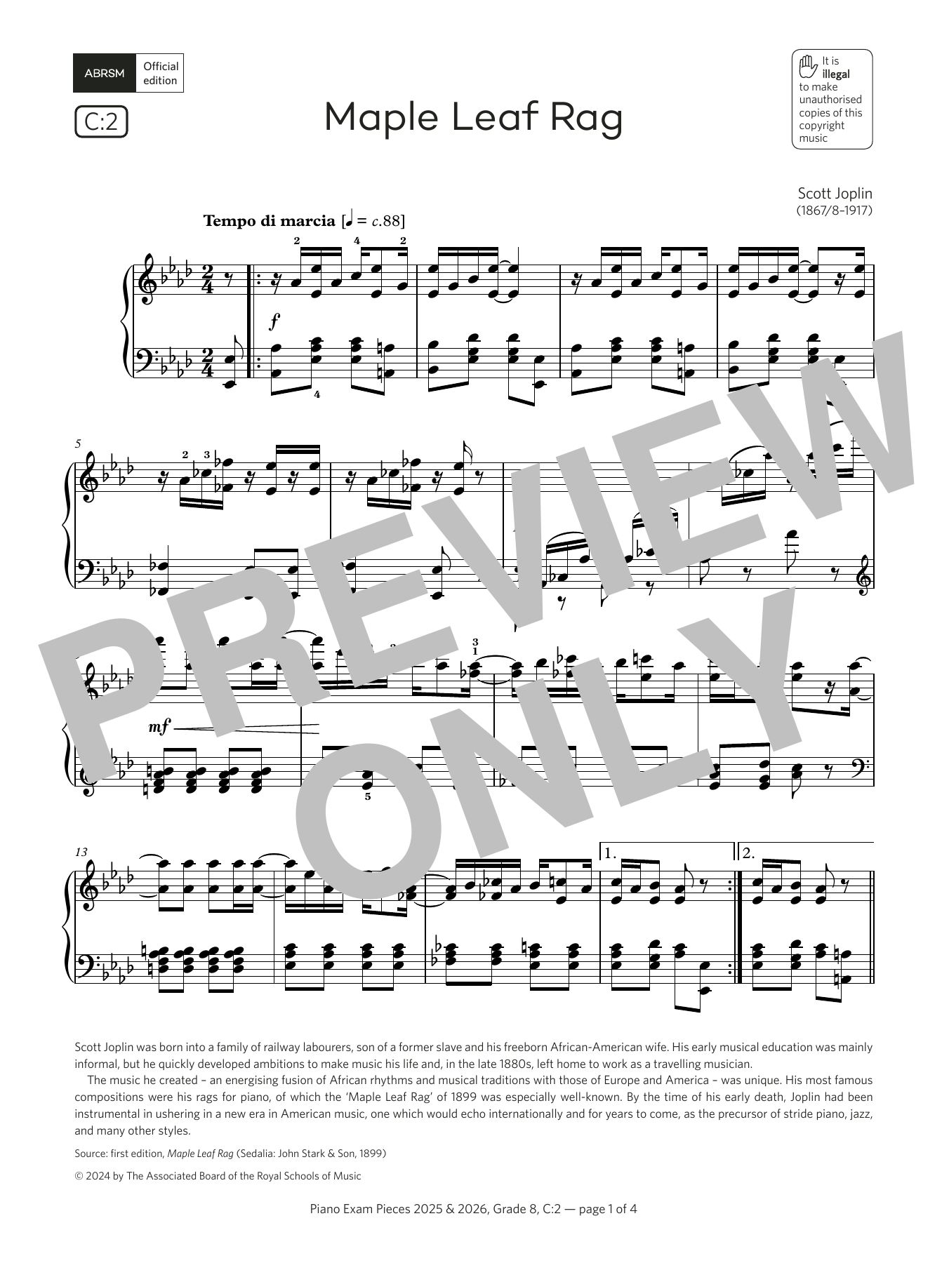 Produktbild zu: Maple Leaf Rag (Grade 8, list C2, from the ABRSM Piano Syllabus 2025 & 2026)