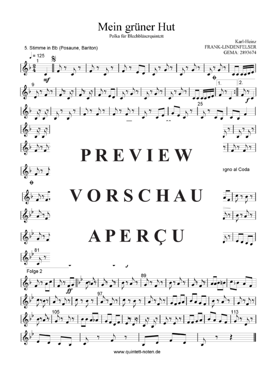 Produktgalerie: Seite 20 von 21 Mein Grüner Hut , Blasorchester Fatamo, (Blechbläser Quintett - Flexible Besetzung + Schlagzeug)