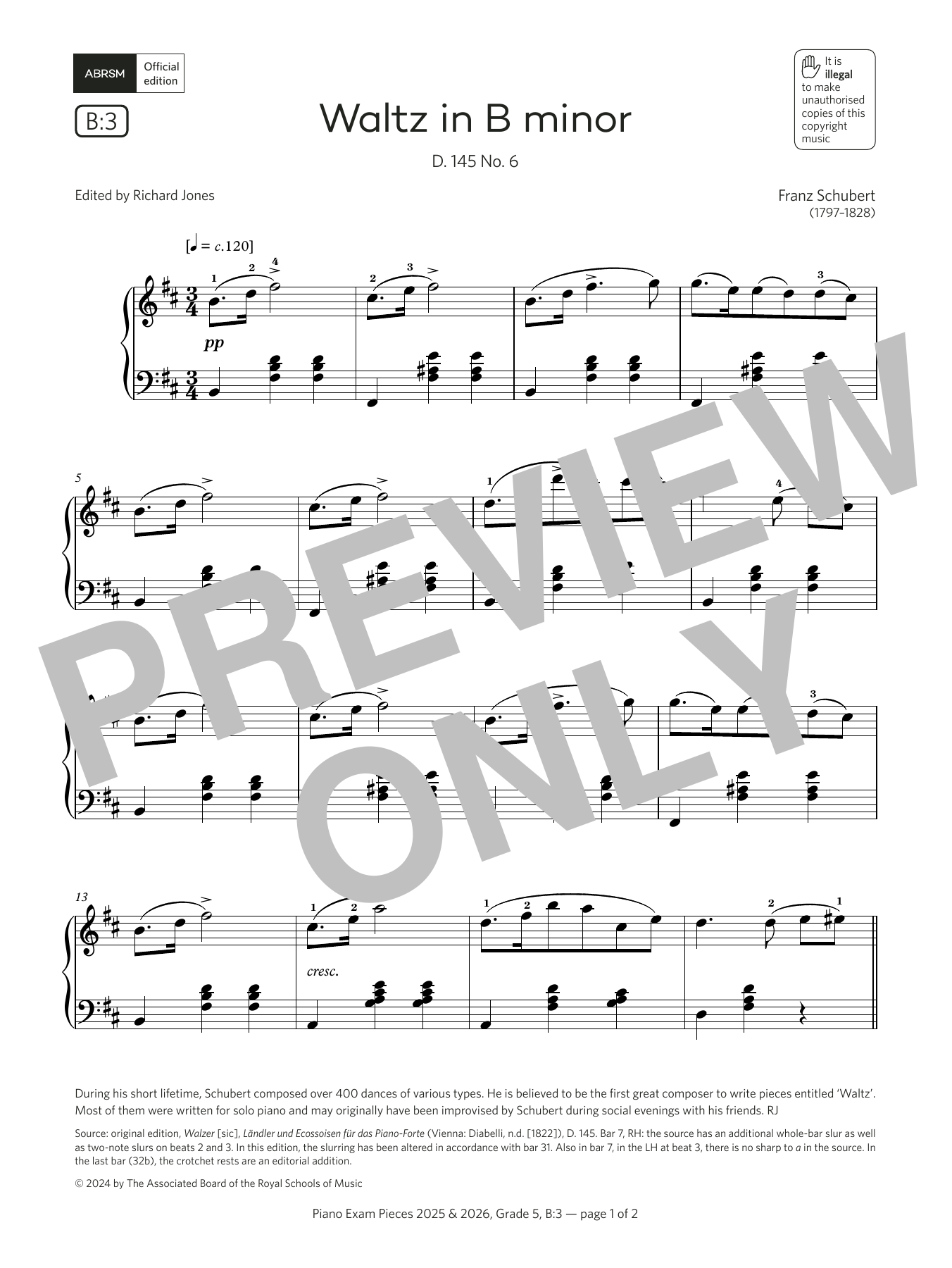Produktbild zu:  Waltz in B minor (Grade 5, list B3, from the ABRSM Piano Syllabus 2025 & 2026) - Franz Schubert