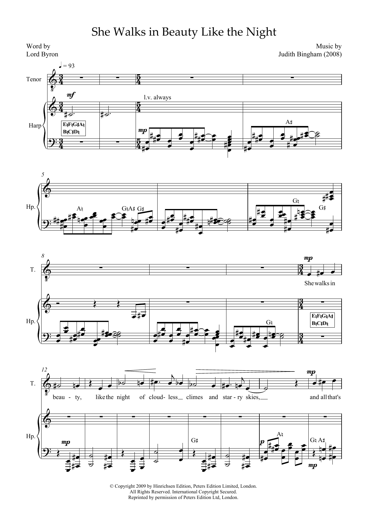 Produktbild zu: She walks in beauty like the night (for tenor and harp)