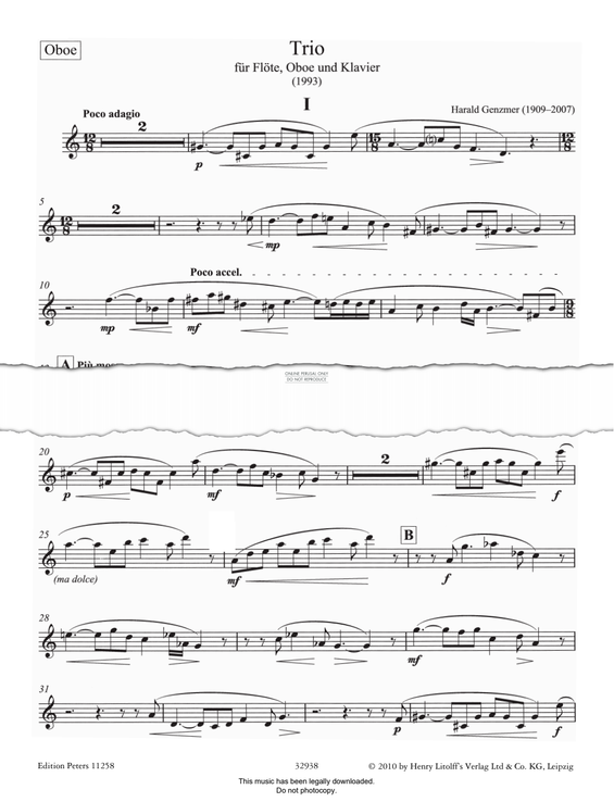 Produktgalerie: Seite 1 von 1 Trio für Flöte, Oboe and Klavier, Harald Genzmer, Oboe