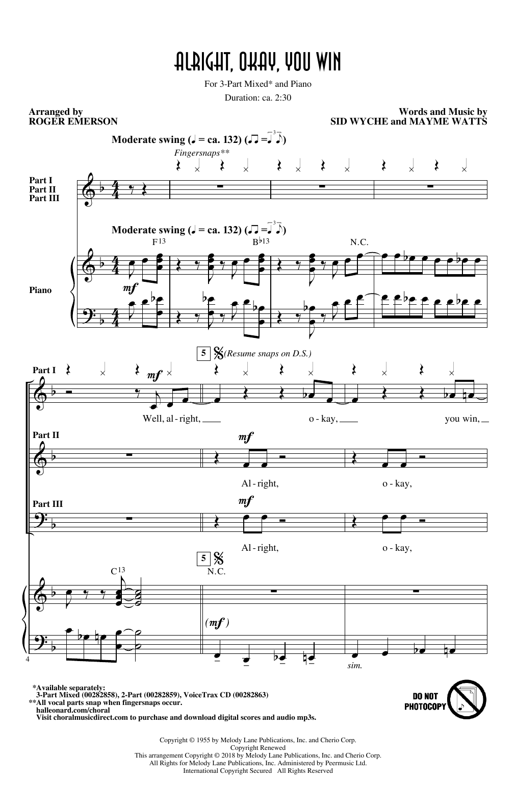 Product gallery: Page 1 of 1 Alright, Okay, You Win (arr. Roger Emerson), Peggy Lee