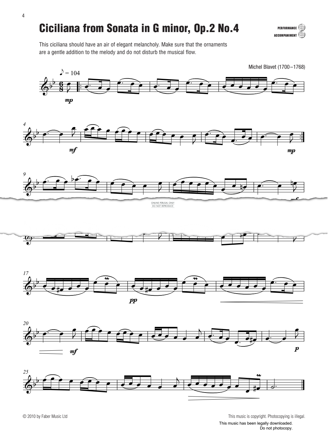 Product gallery: Page 1 of 1 Ciciliana from Sonata in G minor, Op. 2 No. 4, Michel Blavet