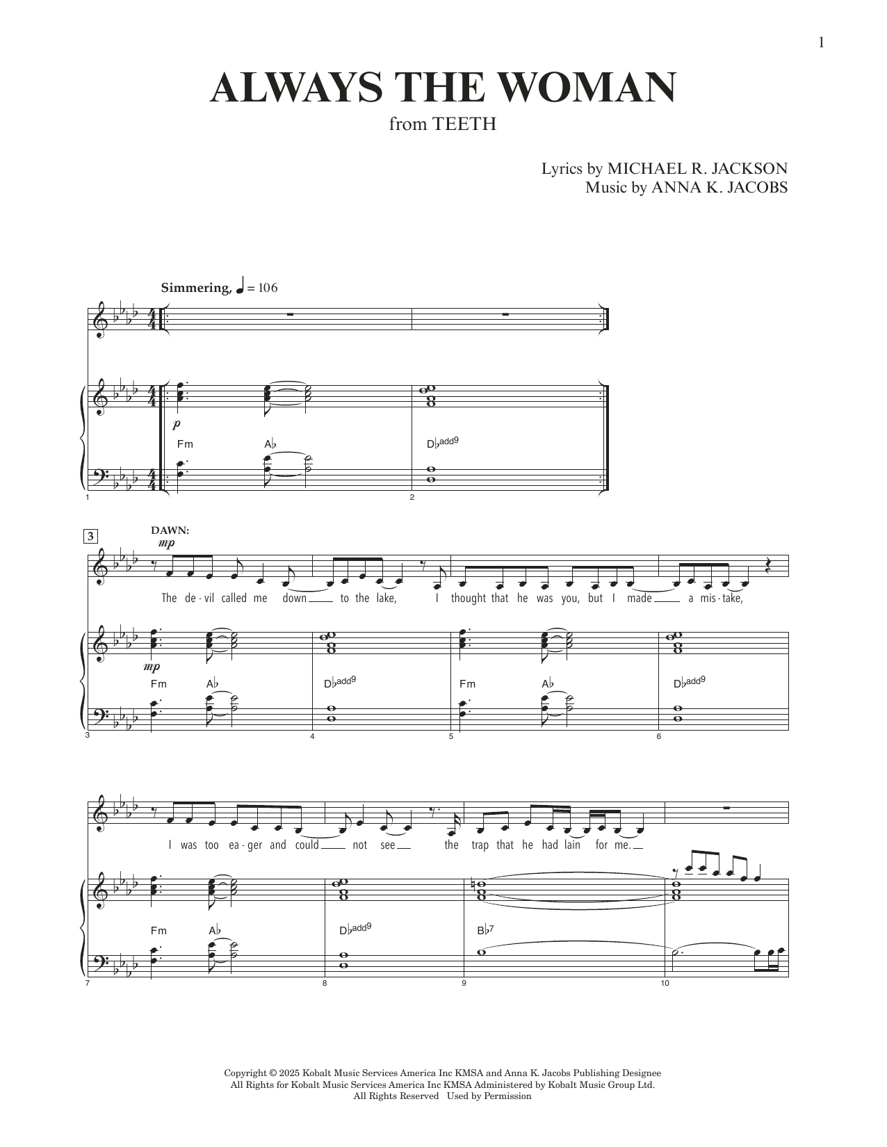 Produktgalerie: Seite 1 von 1 Always The Woman (from Teeth) (Original Key), Anna K. Jacobs and Michael R. Jackson, Gesang, Klavier