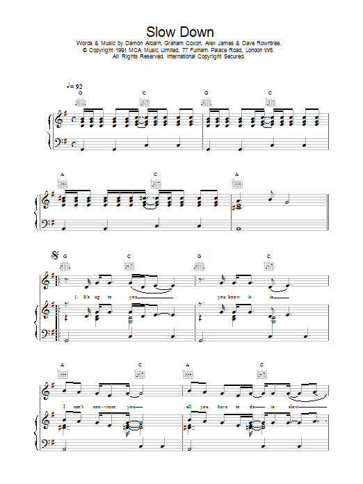 Produktgalerie: Seite 1 von 1 Slow Down, Blur, Gesang, Gitarre, Klavier