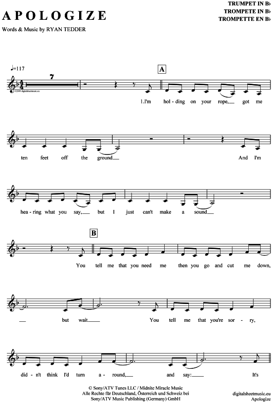 Produktgalerie: Seite 1 von 4 Apologize , Timbaland feat. OneRepublic, Trompete in B