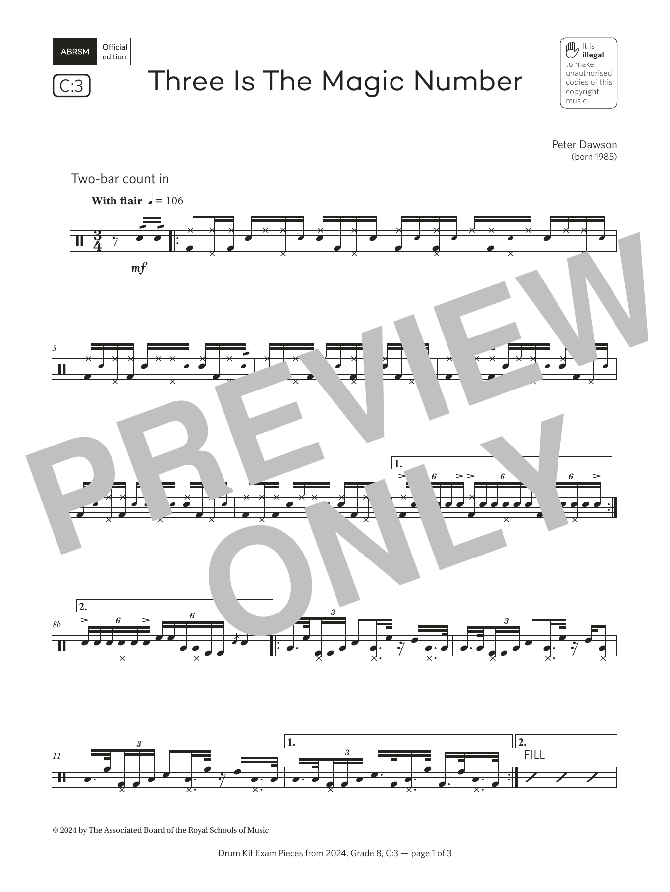 Product gallery: Page 1 of 1 Three Is The Magic Number (Grade 8, list C3, from the ABRSM Drum Kit Syllabus 2024), Pete Dawson
