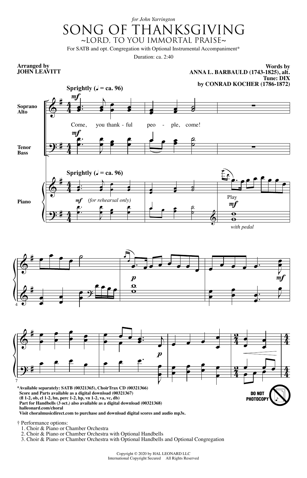 Produktbild zu: Song Of Thanksgiving (Lord, to You Immortal Praise) (arr. John Leavitt)