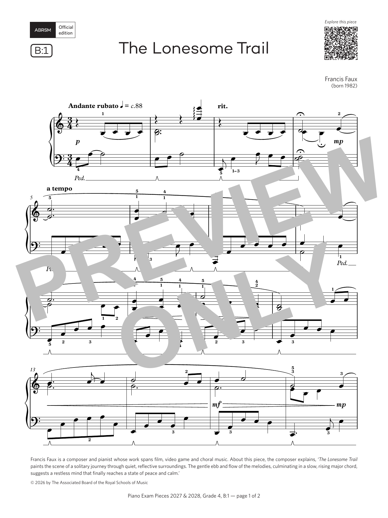 Product gallery: Page 1 of 1 The Lonesome Trail (Grade 4, list B1, from the ABRSM Piano Syllabus 2027 & 2028), Francis Faux