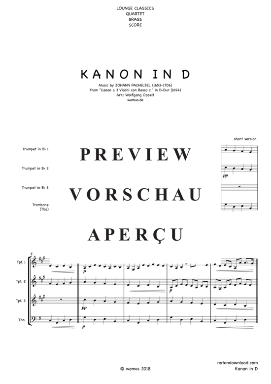 Produktgalerie: Seite 2 von 13 Kanon in D , , (Blechbläser Quartett für 3 Trompeten in B + Posaune/Tuba)