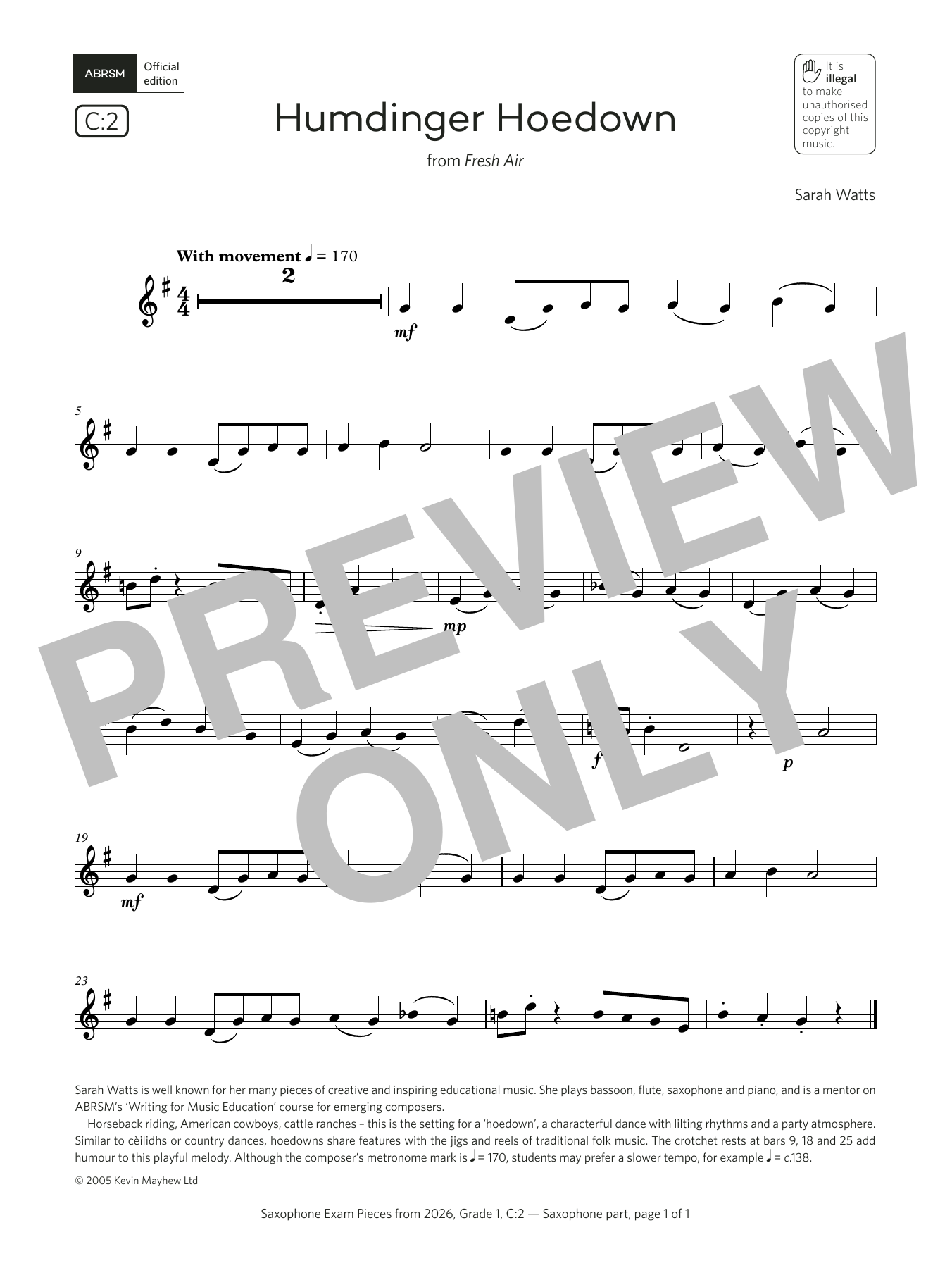 Product gallery: Page 1 of 1 Humdinger Hoedown (Grade 1, list C2, from the ABRSM Saxophone Syllabus from 2026), Sarah Watts